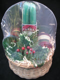NEW 7pcs SET GREEN TAPER CANDLE CANDLES Glass Stripe Holders WICKER BASKET GIFT