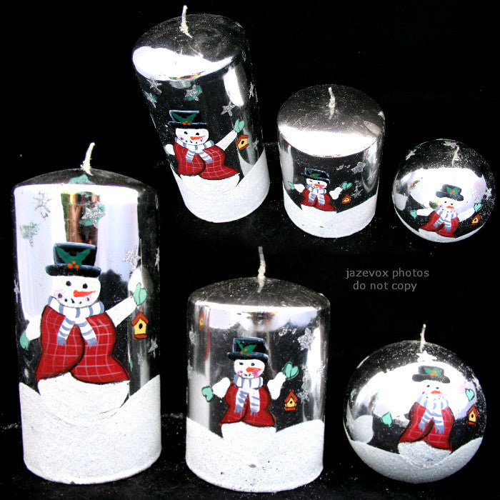 NEW 3pcs SET SILVER Glitter WINTER SNOW SNOWMAN Christmas PILLAR CANDLE CANDLES