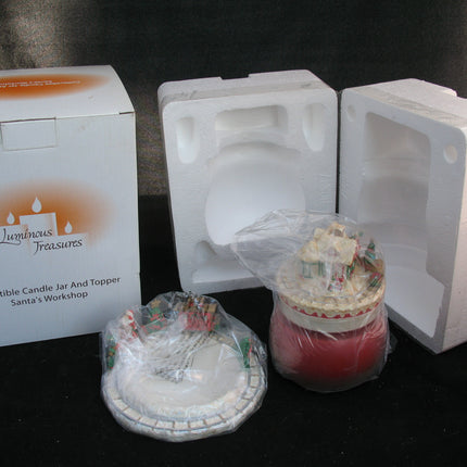 NEW CHRISTMAS SANTA CLAUS WORKSHOP RED Scented CANDLE JAR + Ceramic Topper Dish
