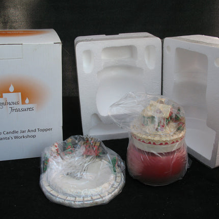 NEW CHRISTMAS SANTA CLAUS WORKSHOP RED Scented CANDLE JAR + Ceramic Topper Dish