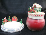 NEW CHRISTMAS SANTA CLAUS WORKSHOP RED Scented CANDLE JAR + Ceramic Topper Dish