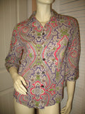 Womens Tops Multi Color Colored PINK PURPLE WHITE GREEN Paisley Print Prints 3/4 Sleeve Button Down Shirt TOP size 6 Small Women Casual Wear Business Career Office Work Clothes Clothing Fashion Wears