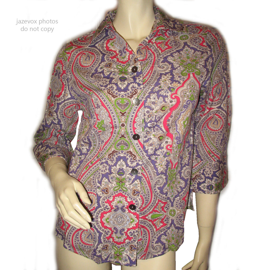 Womens Tops Multi Color Colored PINK PURPLE WHITE GREEN Paisley Print 3/4 Sleeve Button Down Shirt TOP 6 Small