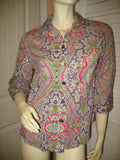 Womens Tops Multi Color Colored PINK PURPLE WHITE GREEN Paisley Print Prints 3/4 Sleeve Button Down Shirt TOP size 6 Small Women Casual Wear Business Career Office Work Clothes Clothing Fashion Wears