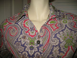 Womens Tops Multi Color Colored PINK PURPLE WHITE GREEN Paisley Print 3/4 Sleeve Button Down Shirt TOP 6 Small