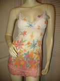 MADE In USA TWENTY ONE Womens Tops White Multi Color Colored Floral Flower Flowers Pattern Print SHEER Fabric See Through SPAGHETTI Strap Straps Cami CAMISOLE TOP Size Small Sexy Intimate Romantic Night Sleep Sleeping Wear Sleepwear Women Fashion Summer Clothes Clothing