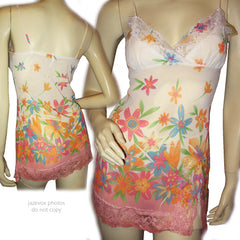 MADE In USA TWENTY ONE Womens Tops White Multi Color Colored Floral Flower Flowers Pattern Print SHEER Fabric See Through SPAGHETTI Strap Straps Cami CAMISOLE TOP Size Small Sexy Intimate Romantic Night Sleep Sleeping Wear Sleepwear Women Fashion Summer Clothes Clothing
