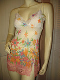 MADE In USA TWENTY ONE Womens Tops White Multi Color Colored Floral Flower Flowers Pattern Print SHEER Fabric See Through SPAGHETTI Strap Straps Cami CAMISOLE TOP Size Small Sexy Intimate Romantic Night Sleep Sleeping Wear Sleepwear Women Fashion Summer Clothes Clothing