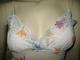MADE In USA TWENTY ONE Womens Tops White Multi Color Colored Floral Flower Flowers Pattern Print SHEER Fabric See Through SPAGHETTI Strap Straps Cami CAMISOLE TOP Size Small Sexy Intimate Romantic Night Sleep Sleeping Wear Sleepwear Women Fashion Summer Clothes Clothing