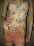 MADE In USA TWENTY ONE Womens Tops White Multi Color Colored Floral Flower Flowers Pattern Print SHEER Fabric See Through SPAGHETTI Strap Straps Cami CAMISOLE TOP Size Small Sexy Intimate Romantic Night Sleep Sleeping Wear Sleepwear Women Fashion Summer Clothes Clothing