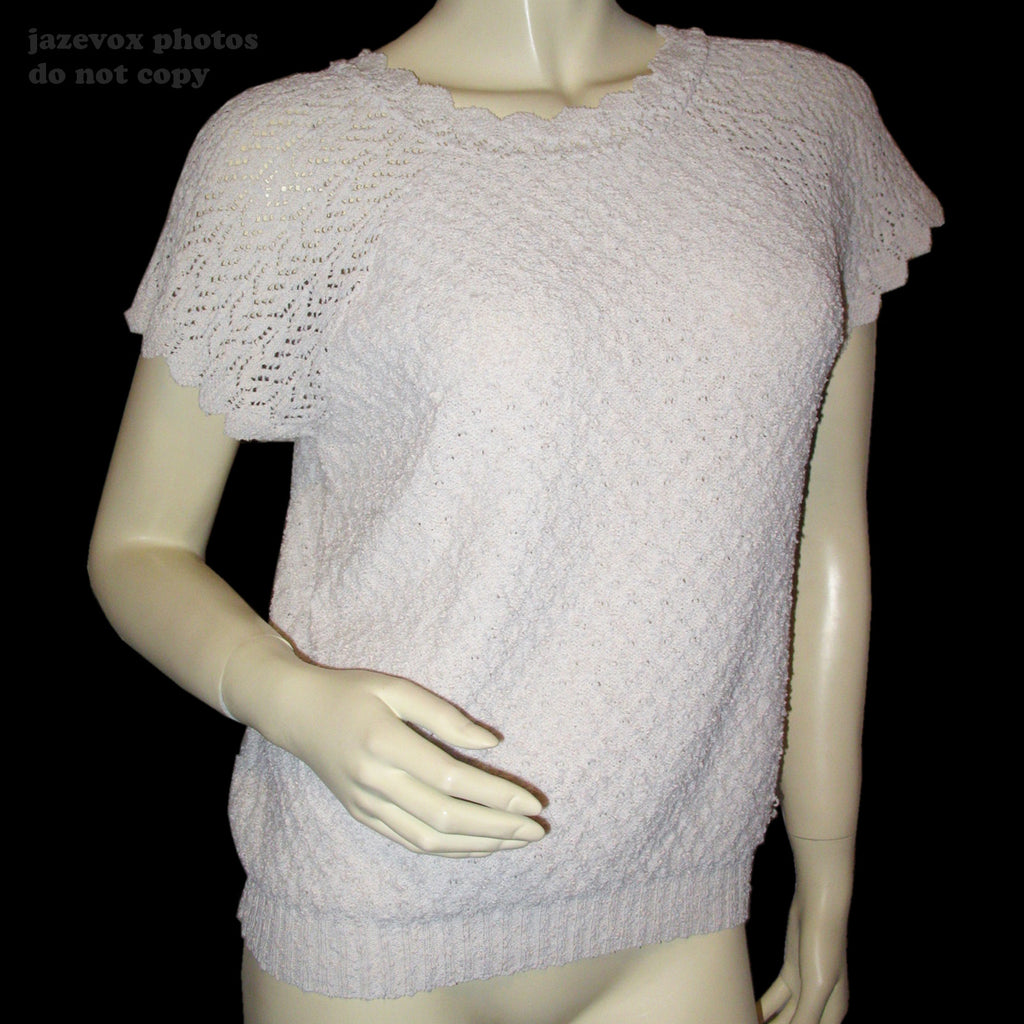 Womens Tops IVORY Dirty WHITE Knit Knitted Crochet CAP SLEEVE TOP SHIRT Casual Clothes Medium