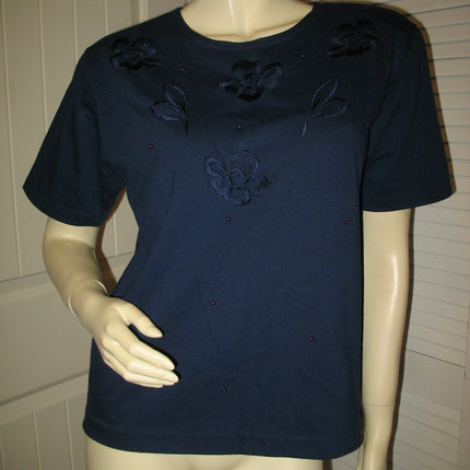 Womens Tops NAVY BLUE FLORAL FLOWERS Silhouette Embroidery Pattern Beads Bead Short Sleeve TOP SHIRT size Medium Women Casual Cheap Affordable Clothes Clothing Woman Casuals Wear