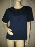 Womens Tops NAVY BLUE FLORAL FLOWERS Silhouette Embroidery Pattern Beads Bead Short Sleeve TOP SHIRT size Medium Women Casual Cheap Affordable Clothes Clothing Woman Casuals Wear