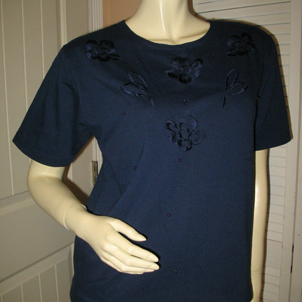 Womens Tops NAVY BLUE FLORAL FLOWERS Silhouette Embroidery Pattern Beads Bead Short Sleeve TOP SHIRT size Medium Women Casual Cheap Affordable Clothes Clothing Woman Casuals Wear