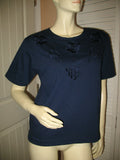 Womens Tops NAVY BLUE FLORAL FLOWERS Silhouette Embroidery Pattern Beads Bead Short Sleeve TOP SHIRT size Medium Women Casual Cheap Affordable Clothes Clothing Woman Casuals Wear