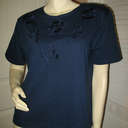 Womens Tops NAVY BLUE FLORAL FLOWERS Silhouette Embroidery Pattern Beads Bead Short Sleeve TOP SHIRT size Medium Women Casual Cheap Affordable Clothes Clothing Woman Casuals Wear