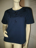 Womens Tops NAVY BLUE FLORAL FLOWERS Silhouette Embroidery Pattern Beads Bead Short Sleeve TOP SHIRT size Medium Women Casual Cheap Affordable Clothes Clothing Woman Casuals Wear