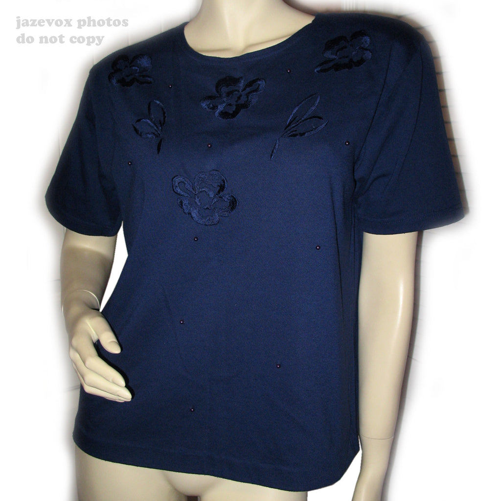 Womens Tops NAVY BLUE FLORAL FLOWERS Embroidery Pattern Short Sleeve TOP SHIRT Medium