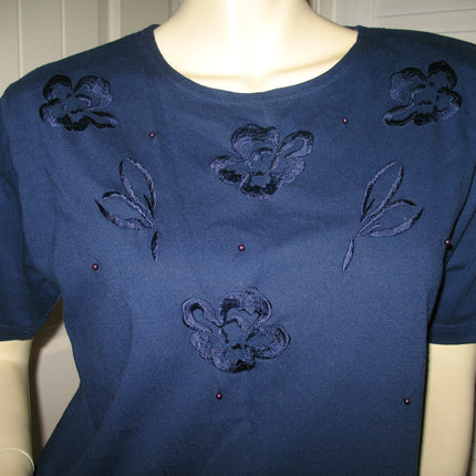 Womens Tops NAVY BLUE FLORAL FLOWERS Silhouette Embroidery Pattern Beads Bead Short Sleeve TOP SHIRT size Medium Women Casual Cheap Affordable Clothes Clothing Woman Casuals Wear