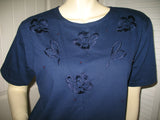 Womens Tops NAVY BLUE FLORAL FLOWERS Silhouette Embroidery Pattern Beads Bead Short Sleeve TOP SHIRT size Medium Women Casual Cheap Affordable Clothes Clothing Woman Casuals Wear