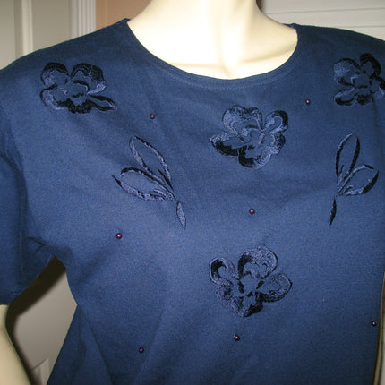 Womens Tops NAVY BLUE FLORAL FLOWERS Silhouette Embroidery Pattern Beads Bead Short Sleeve TOP SHIRT size Medium Women Casual Cheap Affordable Clothes Clothing Woman Casuals Wear