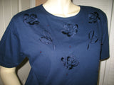 Womens Tops NAVY BLUE FLORAL FLOWERS Silhouette Embroidery Pattern Beads Bead Short Sleeve TOP SHIRT size Medium Women Casual Cheap Affordable Clothes Clothing Woman Casuals Wear