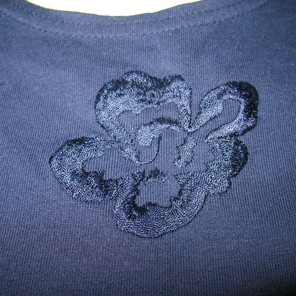 Womens Tops NAVY BLUE FLORAL FLOWERS Embroidery Pattern Short Sleeve TOP SHIRT Medium