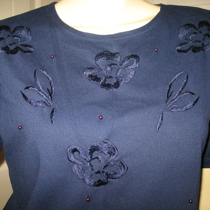 Womens Tops NAVY BLUE FLORAL FLOWERS Silhouette Embroidery Pattern Beads Bead Short Sleeve TOP SHIRT size Medium Women Casual Cheap Affordable Clothes Clothing Woman Casuals Wear