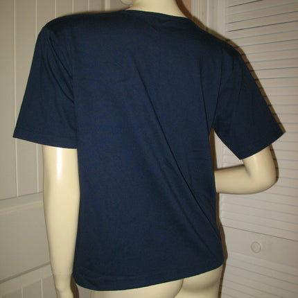 Womens Tops NAVY BLUE FLORAL FLOWERS Embroidery Pattern Short Sleeve TOP SHIRT Medium