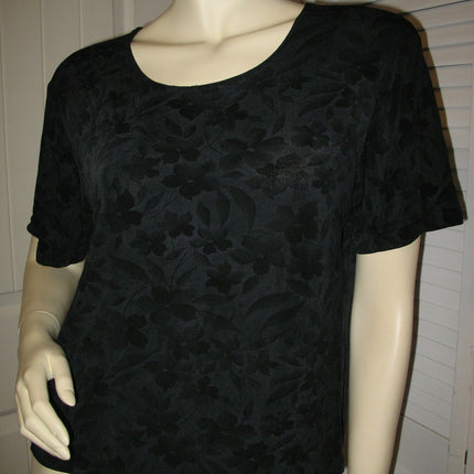 Womens Tops BLACK Silhouette FLORAL FLOWERS Pattern Short Sleeve Casual TOP SHIRT Medium