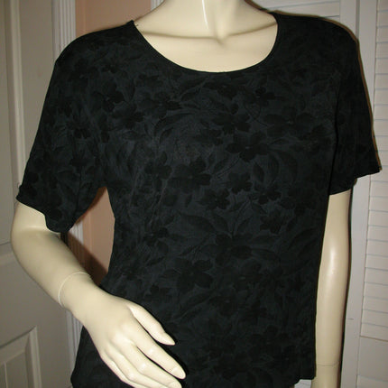Womens Tops BLACK Silhouette FLORAL FLOWERS Silhouette Pattern Short Sleeve Casual TOP SHIRT size Medium Women Casuals Wear Cheap Affordable Clothes Clothing