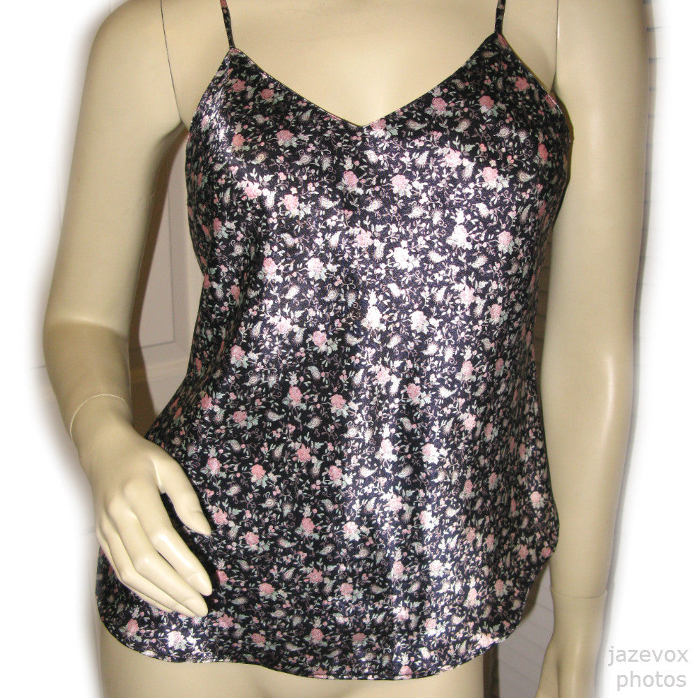 Womens Tops NAVY BLUE Sleeveless SPAGHETTI Cami Camisole TOP Floral Flowers Print Medium