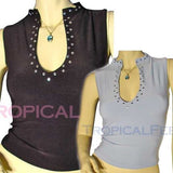 NEW Womens Cropped Tops Crop Summer Tops BLACK Light BLUE Sleeveless Clubwear Club Wear Clubbing Attire TOP Silver Metal Polka Dots Studs Deep U-Neck Women Summer Clothes Casual Clothing