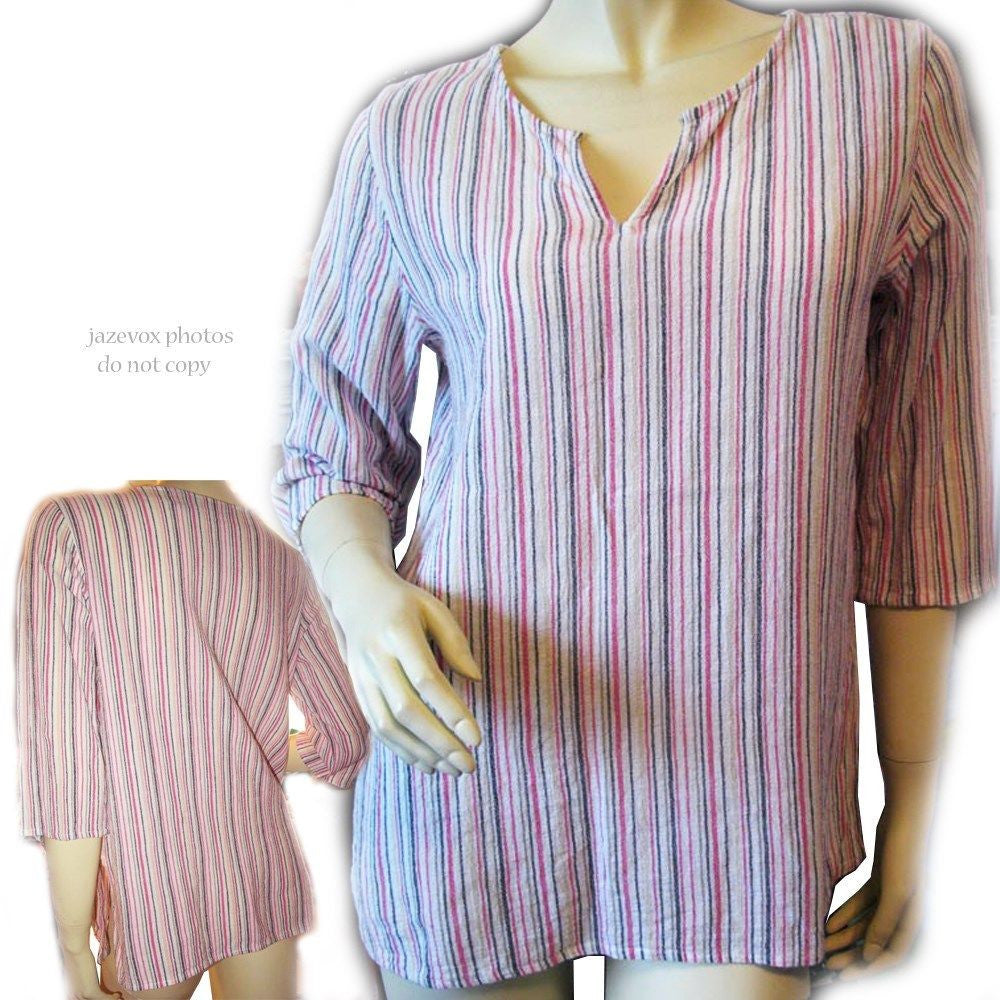 SHAVER LAKE Womens Tops White Pink Vertical Stripe Striped Pattern 3/4 Sleeve TOP Beachwear Summer Beach Wear