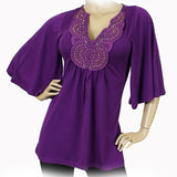 NEW Womens PURPLE Bell 3/4 Sleeve TOP Crochet Beads V-Neck Empire Waist Small S