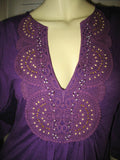 NEW Womens PURPLE Bell 3/4 Sleeve TOP Crochet Beads V-Neck Empire Waist Small S