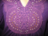 NEW Womens PURPLE Bell 3/4 Sleeve TOP Crochet Beads V-Neck Empire Waist Small S