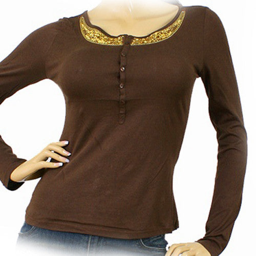 NEW Womens Brown Long Sleeve Gold Sequin Embellished Top Tunic T-Shirt