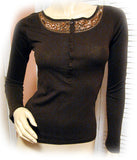 Womens Chocolate Brown Long Sleeve Gold Sequin Top Embellished Top Tunic T-Shirt Tee Shirts Fall Winter Clothes Base Layering