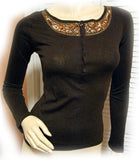 Womens Chocolate Brown Long Sleeve Gold Sequin Top Embellished Top Tunic T-Shirt Tee Shirts Fall Winter Clothes Base Layering