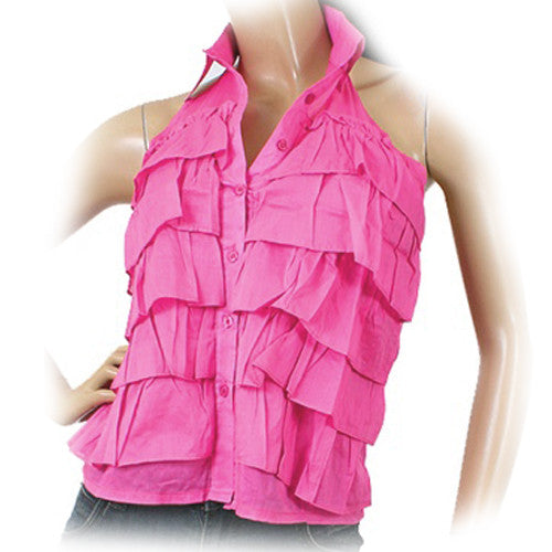 NEW Womens PINK Multi LAYER LAYERED TIER Sleeveless Collared HALTER TOP Summer Clothing