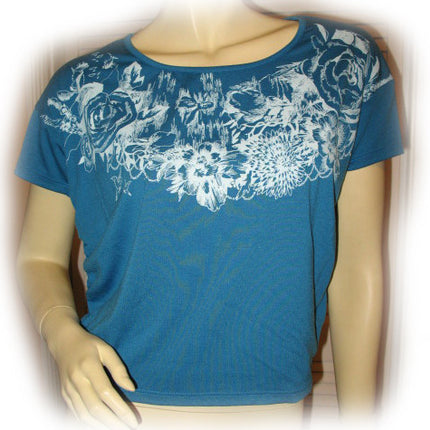 NEW Women BLUE Short Sleeve White Floral Flowers Print Printed T-Shirt TOP Shirt Casual Clothing