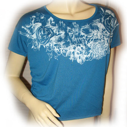NEW Women BLUE Short Sleeve White Floral Flowers Print Printed T-Shirt TOP Shirt Casual Clothing