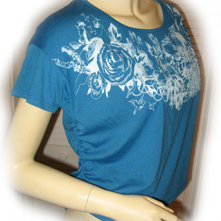 NEW Women BLUE Short Sleeve White Floral Flowers Print Printed T-Shirt TOP Shirt Casual Clothing