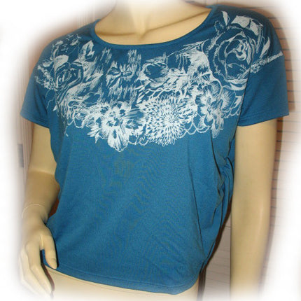 NEW Women BLUE Short Sleeve White Floral Flowers Print Printed T-Shirt TOP Shirt Casual Clothing