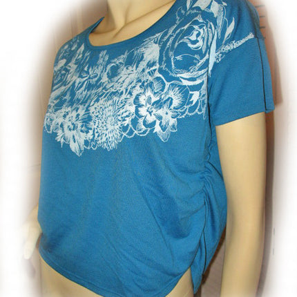 NEW Women BLUE Short Sleeve White Floral Flowers Print Printed T-Shirt TOP Shirt Casual Clothing