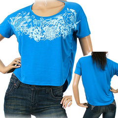 NEW Women BLUE Short Sleeve White Floral Flowers Print Printed T-Shirt TOP Shirt Casual Clothing