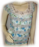 NEW Womens BLUE or GREEN GRAY STRIPE STRIPED Pattern Floral Cap Sleeve TOP Crochet Jewel Jewelled