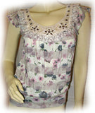 NEW Womens BLUE or GREEN GRAY STRIPE STRIPED Pattern Floral Cap Sleeve TOP Crochet Jewel Jewelled
