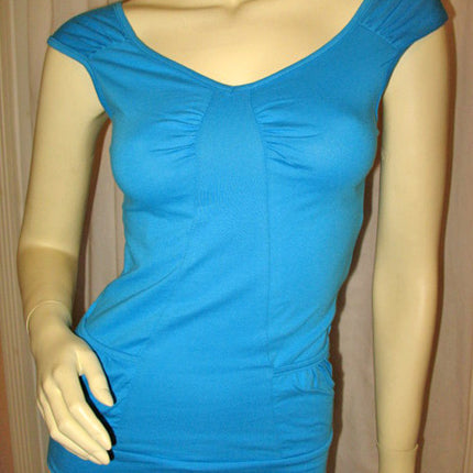 USA MADE NEW Womens BLUE CAP SLEEVE TOP SHIRT Blouse Front Pockets Junior